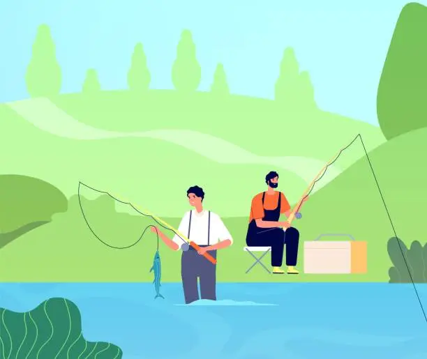 Vector illustration of Fishing on river. Fisherman catches fishes, man with rod in lake. Friends recreation, male outdoor leisure. People relax vector illustration
