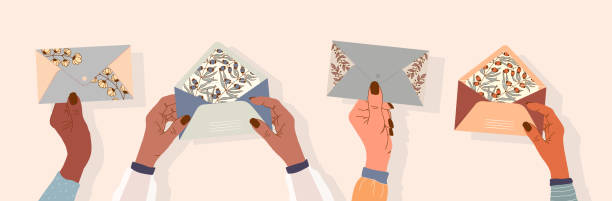 ręce trzymające koperty. różnorodność izolowanych wektorów - mail postcard human finger letter stock illustrations