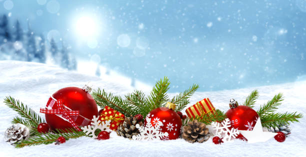 Festive Christmas decoration on winter snow landscape background