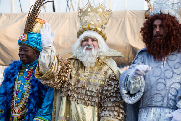 BARCELONA, SPAIN - JANUARY 5, 2017:  Three Magi arriving at port aboard ship to greet people. Barcelona, Spain