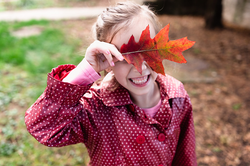 Smiling little girl covering her face whit red leaf