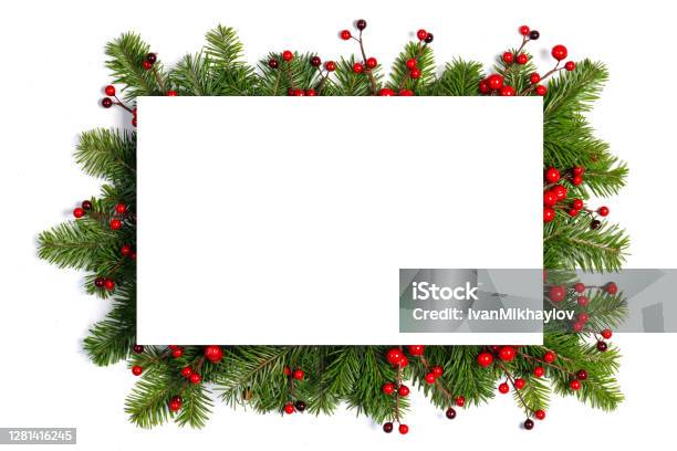Christmas Frame Of Tree Branches Stock Photo - Download Image Now - Christmas, Frame - Border, Holly