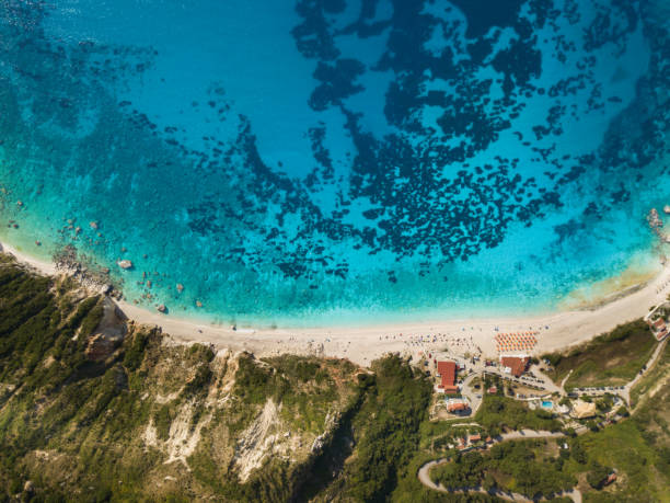 Directly above crystal clear water of Petani beach in Kefalonia stock photo