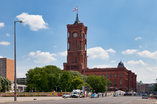 Berlin, Germany - June 01 2019: The Rotes Rathaus (Red City Hall) is the town hall of Berlin, located in the Mitte district. It is the home to the governing mayor and the government (the Senate of Berlin) of the state of Berlin.