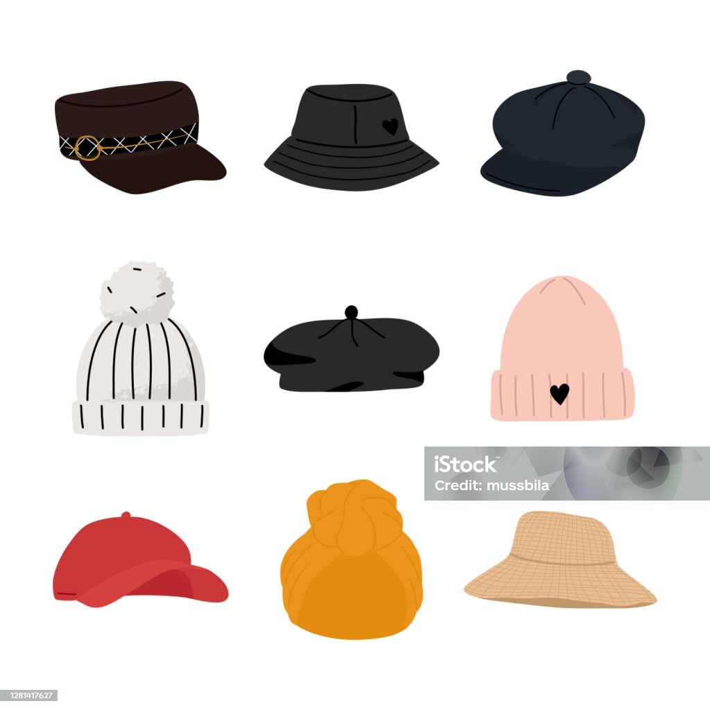 region tælle Bliv sur Set Of Modern Female Hats And Headgears Elements Hand Drawn Vector  Illustration Stock Illustration - Download Image Now - iStock