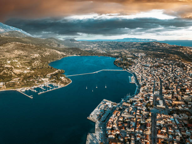 Aerial shot of bay of water in Kefalonia's capital, Argostoli stock photo