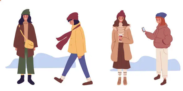 Vector illustration of Woman, teenage girl in autumn clothes, outerwear. Women walking on street, drink coffee flat illustration. Set of trendy street style fashion person. Winter, spring and autumn clothing collection.