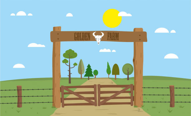 illustrazioni stock, clip art, cartoni animati e icone di tendenza di illustrazione del patrimonio del cancello della fattoria - farm gate