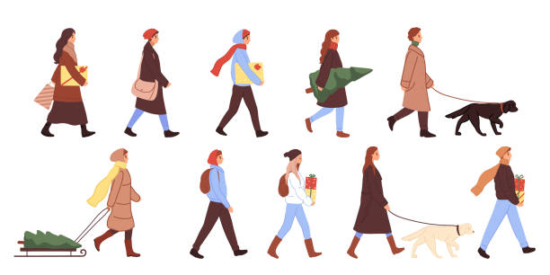 istock Crowd of people dressed in winter outerwear walking isolated on white background. Flat cartoon characters set. People in winter style. Christmas sale concept, shopping for holiday. 1281419098