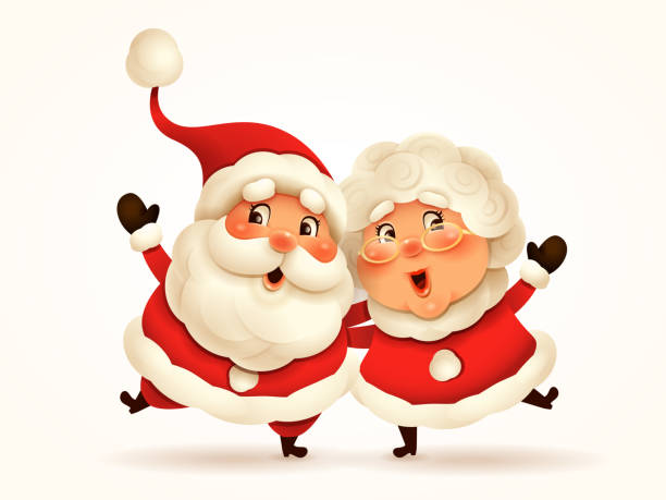 산타 클로스와 그의 아내 클로스 부인이 어깨를 두개합니다. - santa claus white background christmas holidays and celebrations stock illustrations