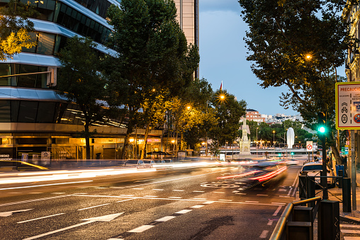 Madrid, Spain - 26 September 2020: Long Exposure of Genova Street with traffic light trails