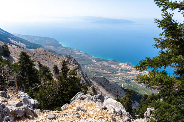 Panoramic view over Kefalonia island from the mountain top Mount Ainos stock photo
