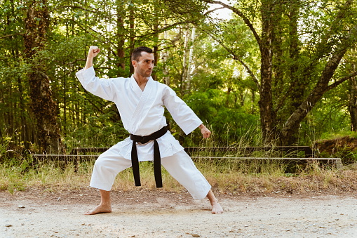 Man practicing martial arts in nature