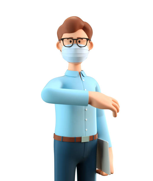 istock Businessman wearing protective face mask and greeting bumping elbow. 3D illustration of standing man with tablet. The concept of safe greeting and avoiding physical contact during Covid-19 pandemic. 1281423337