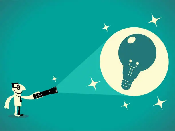 Vector illustration of Businessman shines a flashlight and finds a big idea light bulb