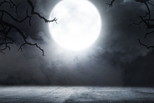 Concrete floor with smoke and moonlight with a night scene background