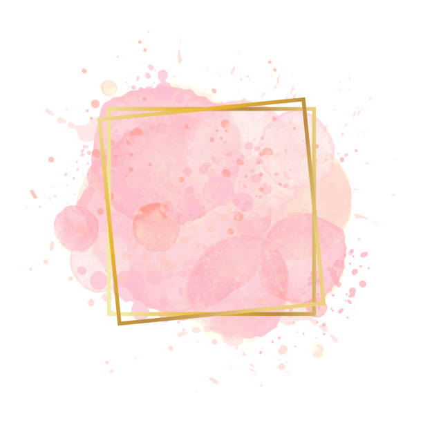 수채화 효과 배경이 있는 골든 모던 프레임. 누드 로즈 브러쉬 스트로크. 골드 라운드 윤곽 프레임. 초대, 카드, 판매, 패션, 결혼식을위한 황금 럭셔리 라인 경계. 벡터 일러스트레이션 - coral pink abstract paint stock illustrations