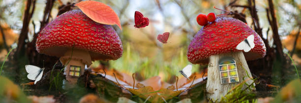 istock A magical, fantastic forest with tree branches on a blurry background. Fairy houses with Windows made of old mushrooms for gnomes with a roof made of fly agarics. Selective focus 1281427152