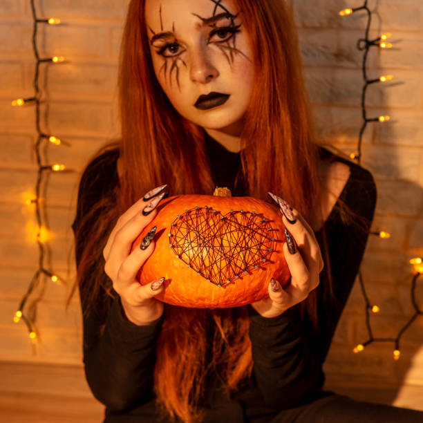 istock Halloween Nail Art Design, witch with pumpkin. 1281428094