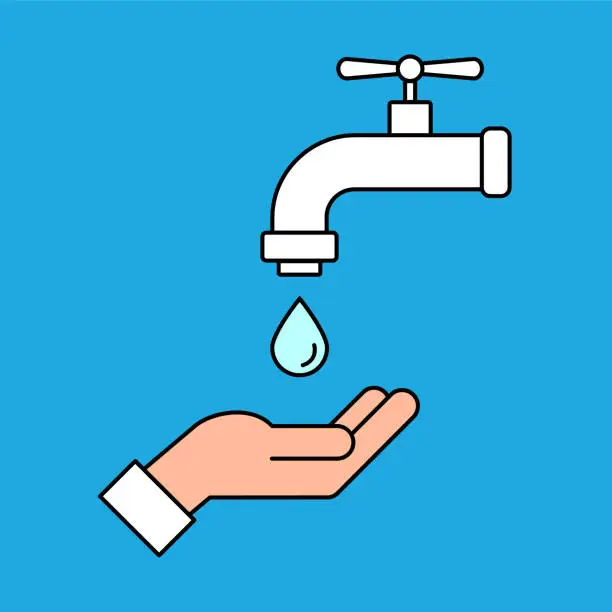 Vector illustration of Wash hands sign. Hand and faucet color icon. Drop in a palm symbol.