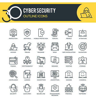 Set of outline icons on following topics cyber security, network security and other. Each icon neatly designed on pixel perfect 32X32 size grid. Perfect for use in website, presentation, promotional materials, illustrations, infographics and much more.