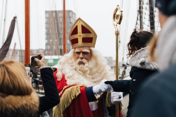 headshot of sinterklaas during his arrival celebration November 24, 2018 - Amsterdam, Holland, the Netherlands, Sinterklaas and his "zwarte pieten" arrive in Amsterdam from Spain making many kids happy with handing out sweets zwarte piet stock pictures, royalty-free photos & images