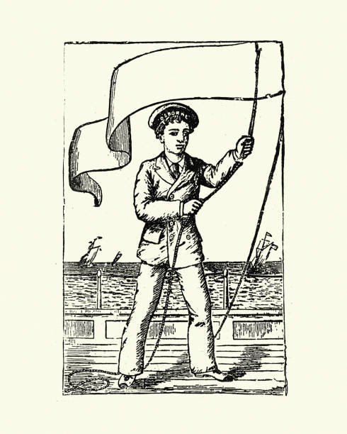 Sailor raising the Pennon (pennant) flag, 19th Century Vintage illustration of Sailor raising the Pennon (pennant) flag, 19th Century vintage sailor stock illustrations