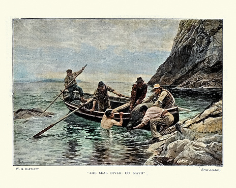 Vintage illustration of The seal diver, County Mayo, after William Hewnry Bartlett, 19th Century.