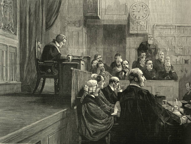 Victorian courtroom, Judge, Jury, Lawyers 19th Century Vintage illustration of Victorian courtroom, Judge, Jury, Lawyers, 1888, 19th Century. During the case Mr. O'Donnell vs. The Times newspaper english culture illustrations stock illustrations