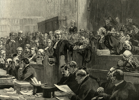 Vintage illustration of Victorian courtroom, Lawyers, defence and prosecution desks, audience , 19th Century. During the case Mr. O'Donnell vs. The Times newspaper
