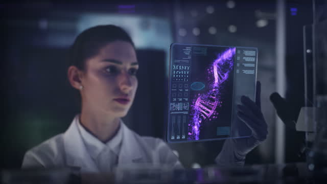 Female scientist studying DNA mutations. Virtual touch screen close up