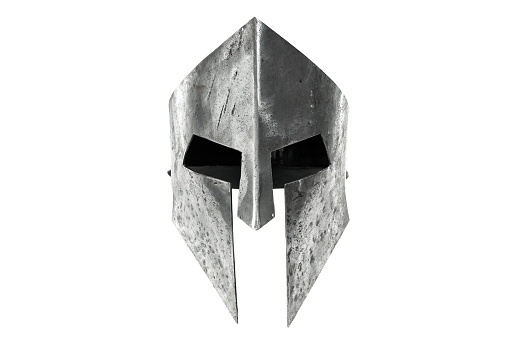 Ancient iron spartan head protection isolated on white.