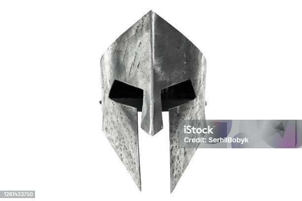 Ancient Iron Spartan Head Protection Isolated On White Stock Photo - Download Image Now