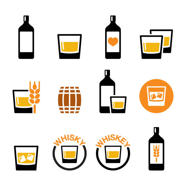 Whisky or Whiskey vector icon set - alcohol drink, pub and bar design Vector color icons set of whisky, whiskey bottle and glass isolated on white bourbon barrel stock illustrations