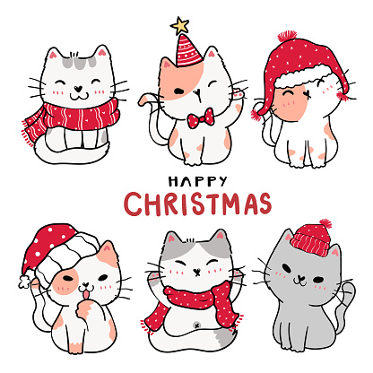 Cute Cartoon Kitten Cat Set Happy Christmas Flat Vector Clip Art Idea For  Greeting Card Printable Wall Art Nursery Art Stock Illustration - Download  Image Now - iStock