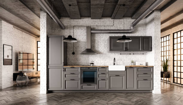 istock Grey vintage Scandinavian open kitchen in a loft interior with a brick wall, parquet floor and a concrete ceiling 1281436879