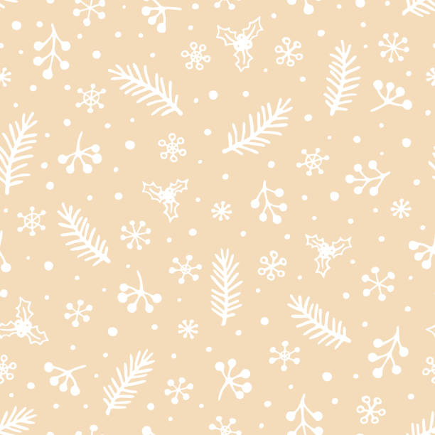 illustrations, cliparts, dessins animés et icônes de motif de sans couture vectoriel avec branches d’épinette dessinées à la main, holly, baies et flocons de neige. conception mignonne pour les emballages de noël, le textile et les arrière-plans - christmas holly backgrounds pattern