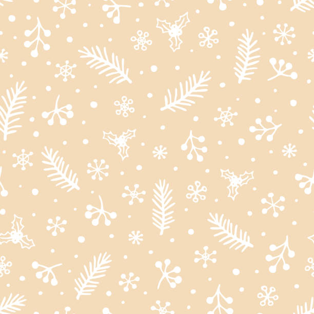 вектор бесшовный узор с нарисованными вручную еловыми ветвями, холли, ягодами и снежинками. симпатичный дизайн для рождественских оберток, - christmas holly backgrounds pattern stock illustrations