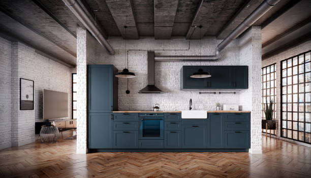 Blue vintage Scandinavian open kitchen in a loft interior with a brick wall, parquet floor and a concrete ceiling