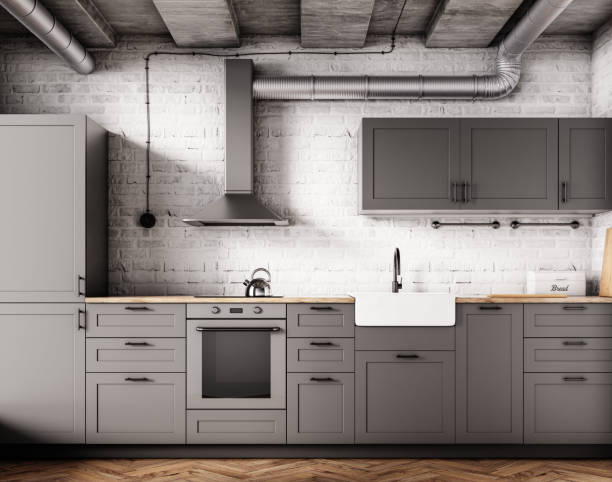 istock Grey Scandinavian open kitchen in a loft interior with a brick wall, parquet floor and a concrete ceiling 1281437068