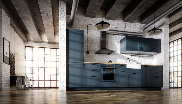 istock Blue vintage Scandinavian open kitchen in a loft interior with a brick wall, parquet floor and a concrete ceiling 1281437230