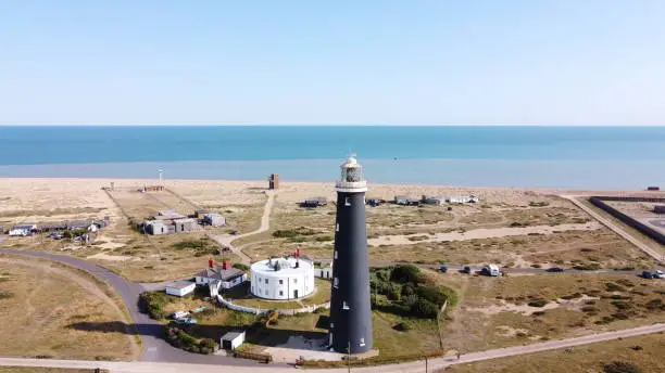 Aerial shots from Dungeness kent showing coastline and lighthouse.