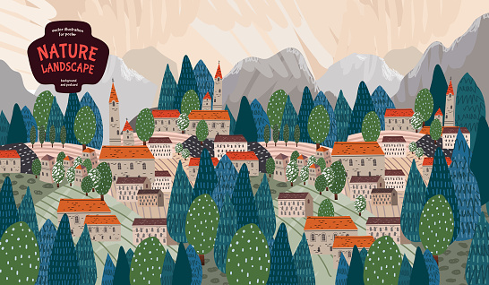 Rural urban landscape. Vector illustration of houses, nature, trees, buildings, cities, mountains and villages. Drawings for poster, banner or background.
