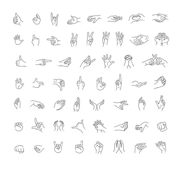 illustrazioni stock, clip art, cartoni animati e icone di tendenza di set di icone della linea dei gesti delle mani. icone incluse come interazione con le dita - hand sign