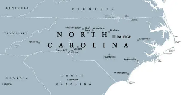 Vector illustration of North Carolina, NC, gray political map, Old North State, Tar Heel State