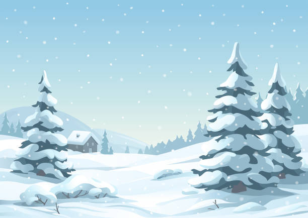 ilustraciones, imágenes clip art, dibujos animados e iconos de stock de tranquilo paisaje de invierno nevado - wintry landscape snow fir tree winter