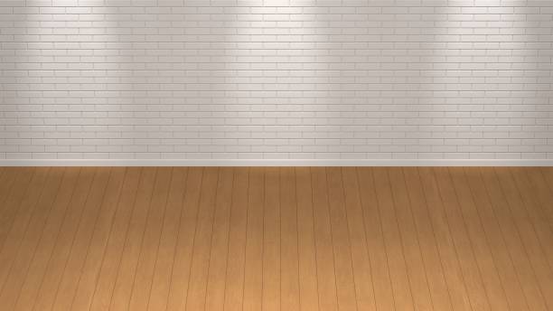 istock Bright room with parquet board and white brick wall 1281439963