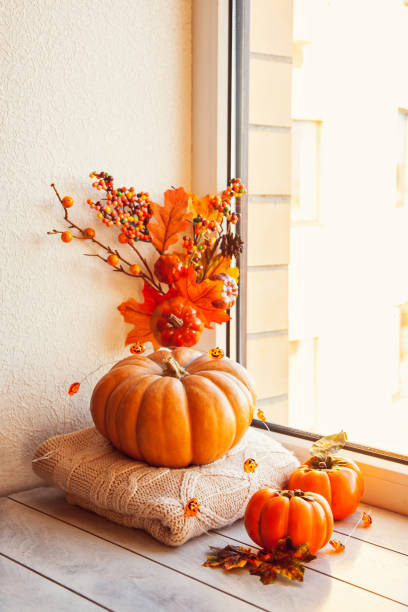 istock Cozy autumn still life on the windowsill: pumpkin, warm wool sweaters, ,maple leaves and persimmon 1281439981
