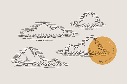 Set of graphically hand-drawn clouds on light background. Clouds of various shapes in retro engraving style. Vector vintage illustration.