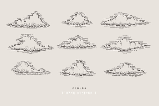 Set of graphically hand-drawn clouds on light background. Clouds of various shapes in retro engraving style. Vector vintage illustration.